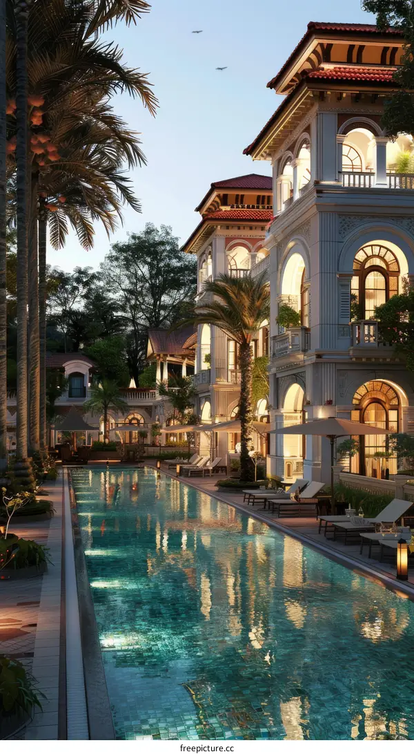 Luxury Resort Poolside Evening Scene