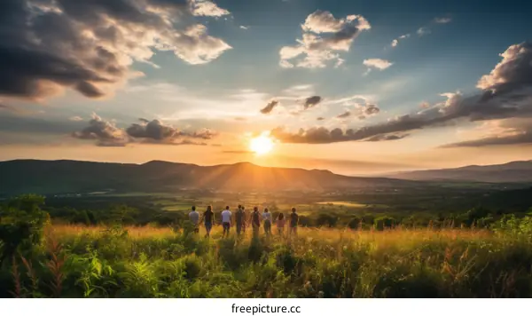 People standing in a field of tall grass watching the sunset over a mountain range