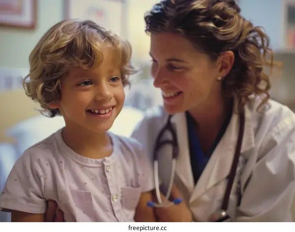 Little girl with curly hair smiling at the female doctor