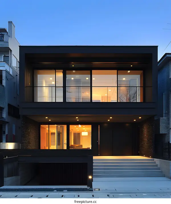 Modern Black House with Large Windows and Brick Walls