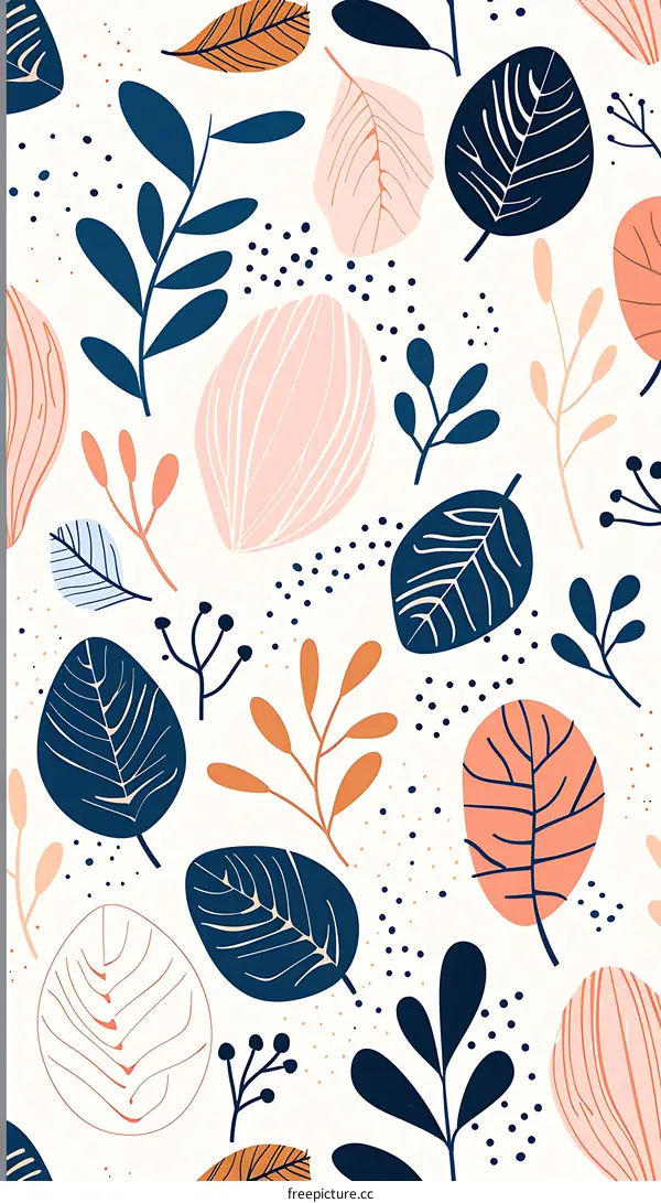 Abstract Seamless Pattern with Blue, Pink, and Orange Leaves