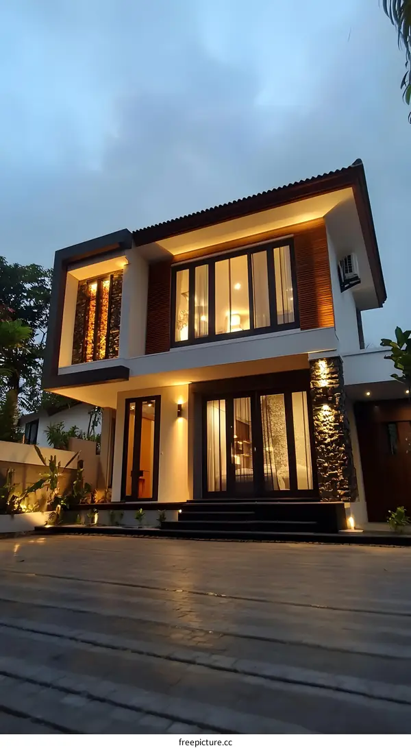 Modern House Exterior With Stone Wall And Large Windows