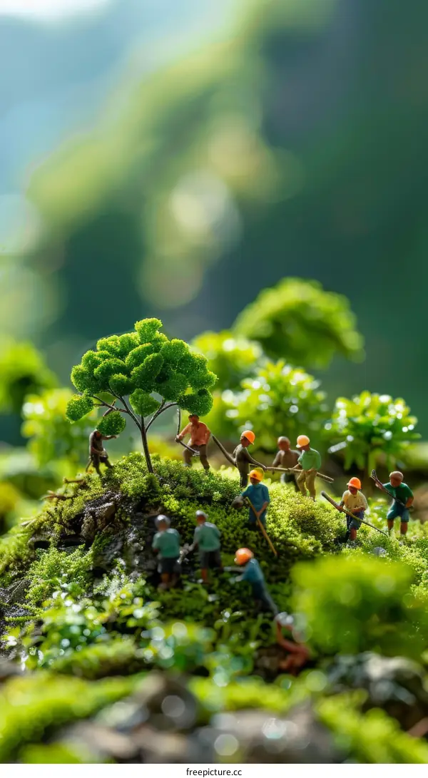 Miniature People Building on a Mossy Hillside