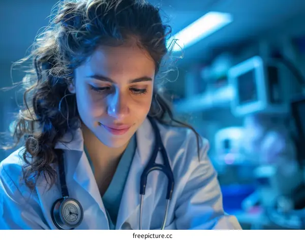 A female doctor is working in a hospital.