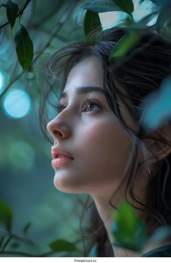 Portrait of a young woman with long brown hair and brown eyes, looking up at the sky through the leaves of a tree