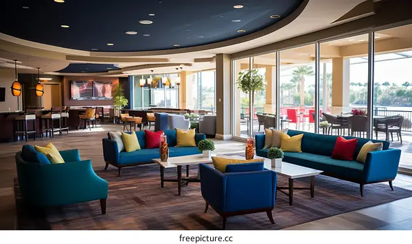 Blue and yellow modern hotel lobby interior with large windows