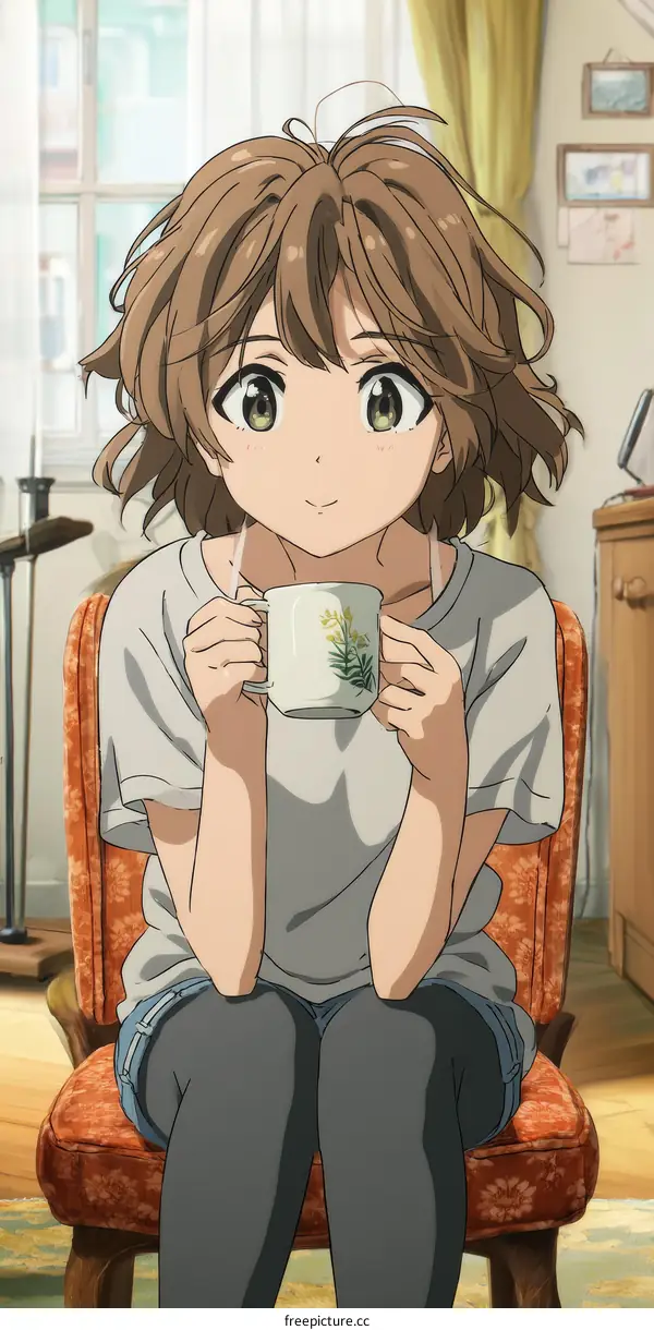 Anime Girl Drinking Tea in Cozy Room