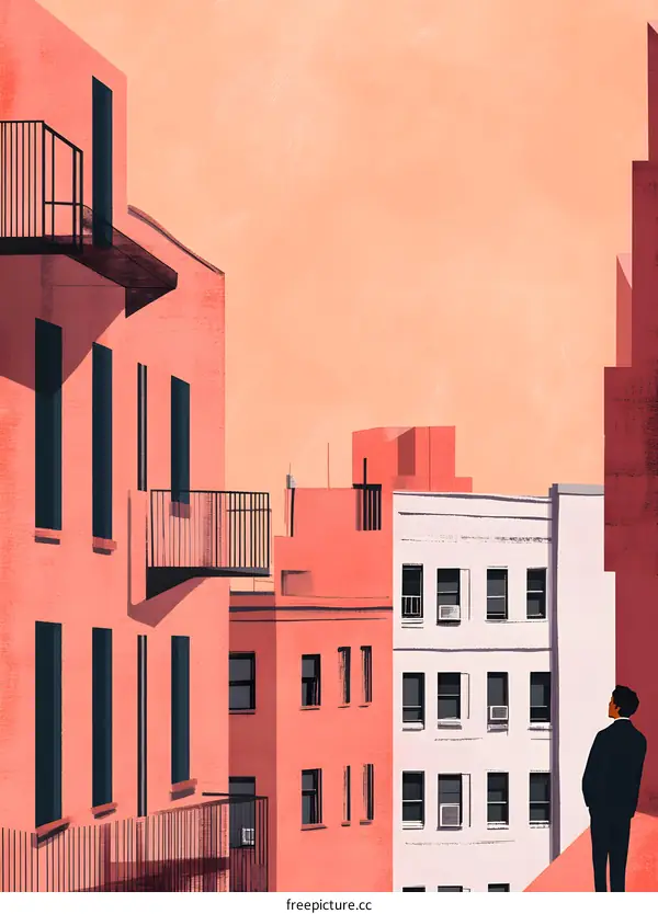 Man Looking at Cityscape with Pink Buildings