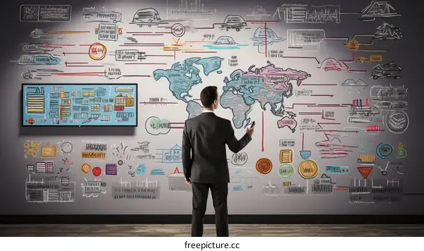 Businessman standing in front of a world map with logistics and shipping icons