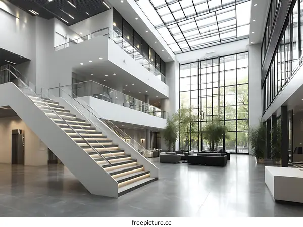 Modern Office Lobby with Open Staircase