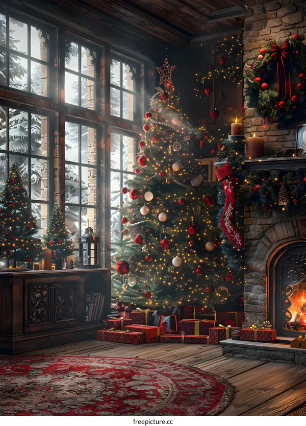 A Christmas tree decorated by the fireplace