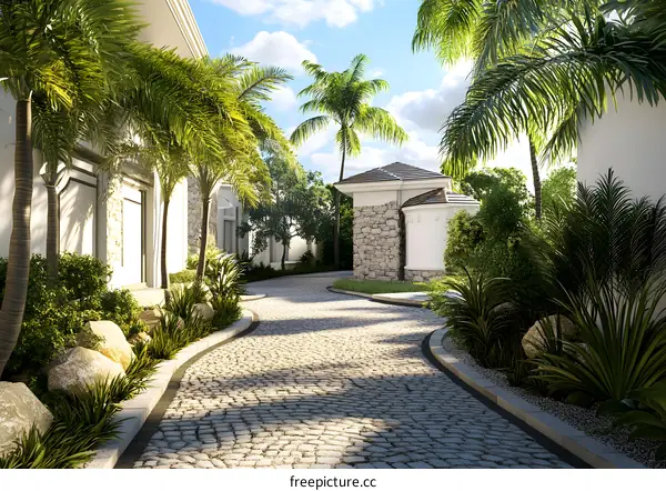 Stone Pathway Leading to a White House with Palm Trees