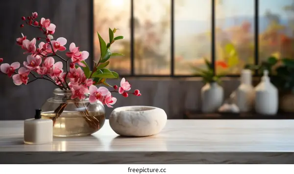 Orchid flowers in a glass vase and a stone bowl on a wooden table