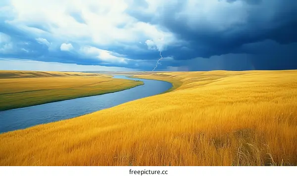 A river meanders through a vast golden wheat field