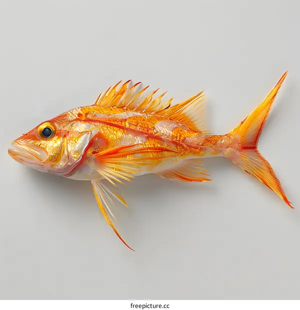 A red fish with yellow stripes on a white background