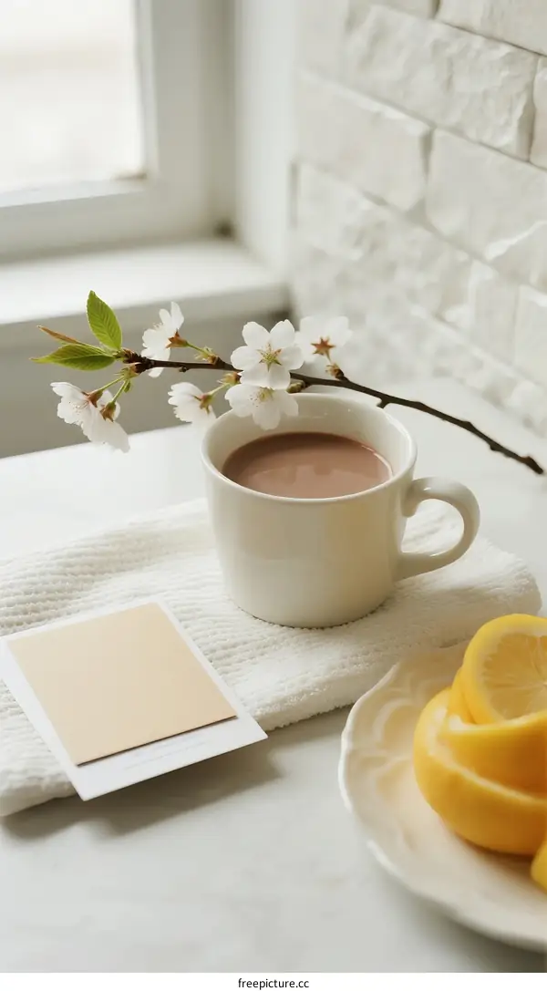 Cup of hot chocolate with cherry blossom and lemon on marble table