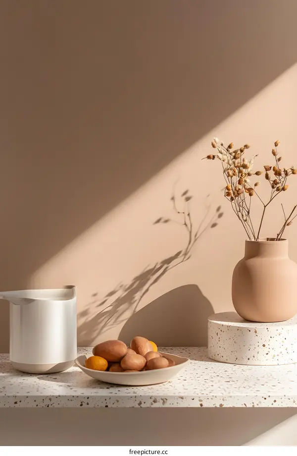 Minimalist Home Decor With Dried Flowers And Fruits On A Terrazzo Countertop