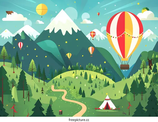 Hot Air Balloon Flying Over Mountains and Forest