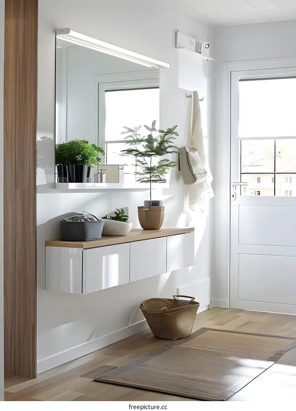 Modern Entryway Design with Floating Shelves and a Mirror