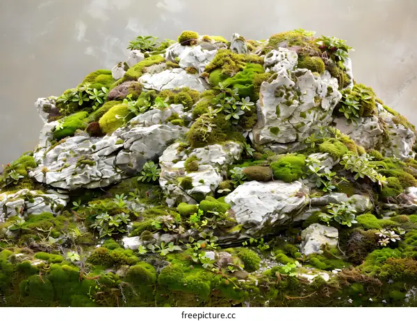 Green Mossy Rocks with Small Plants