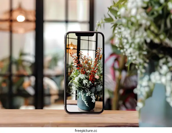 Closeup of a Smartphone Displaying a Flower Arrangement