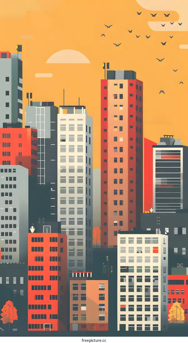 Cityscape Illustration with Buildings and Birds