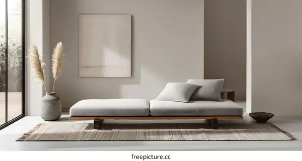 Minimalist Living Room Design with Wooden Couch and Pampas Grass