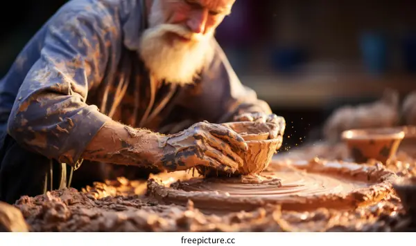 A potter shapes a bowl on a pottery wheel