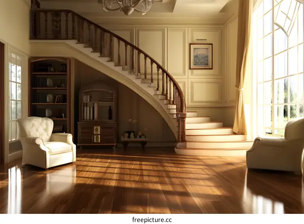 Elegant Interior Design With Wooden Staircase And Large Window