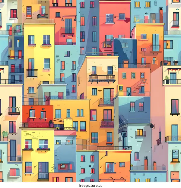 Colorful Apartment Buildings Illustration Seamless Pattern