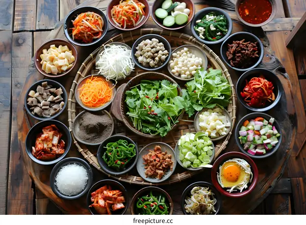 A variety of Korean side dishes are arranged on a large plate.