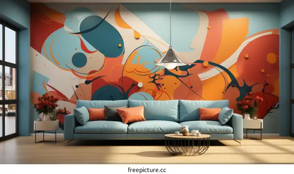 Blue couch in front of abstract painting