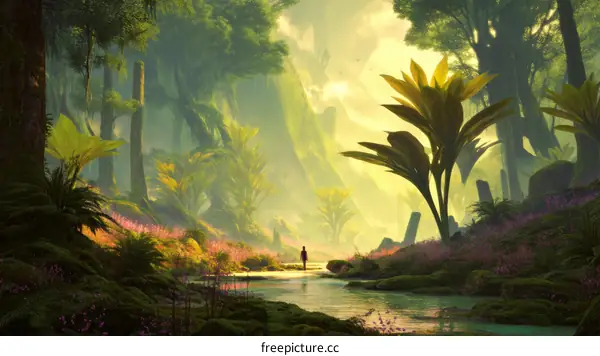 Enchanted Forest Pathway with Silhouetted Figure