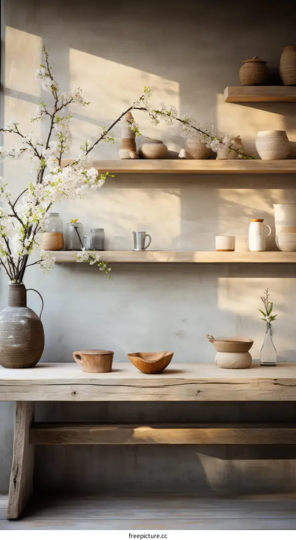 A wooden table with a vase of flowers and other objects on it. The table is in front of a wall with shelves on it. The shelves are decorated with pottery and other objects.