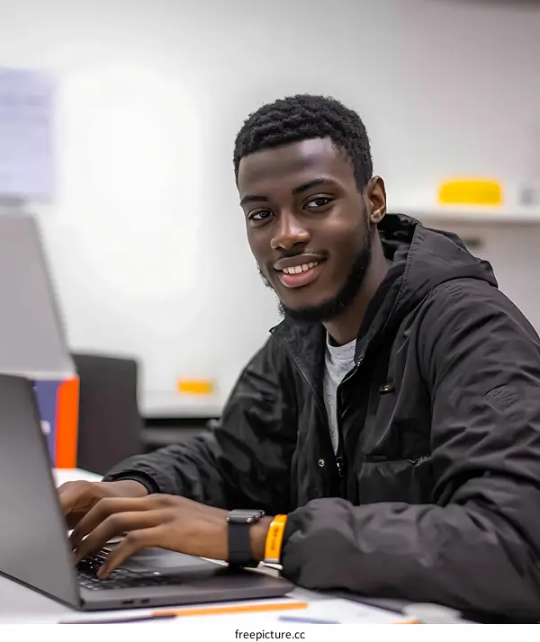 Smiling Black Man Typing on Laptop in Office