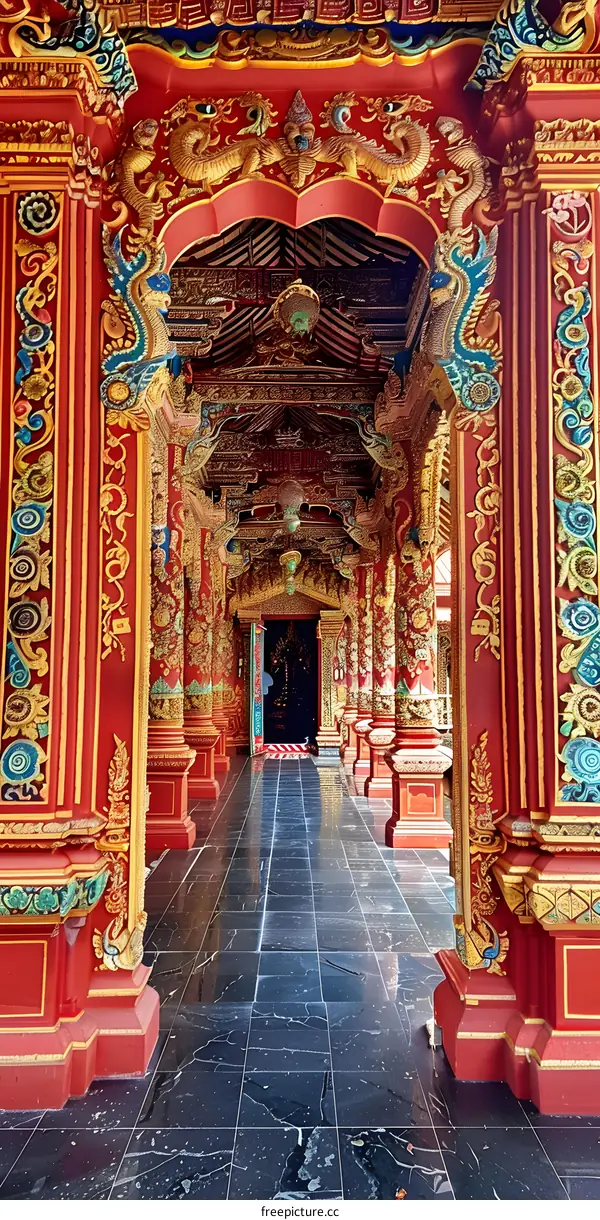 Ornate Red And Gold Temple Entrance