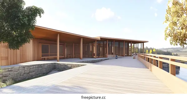 Modern Wooden House With Deck And Water View