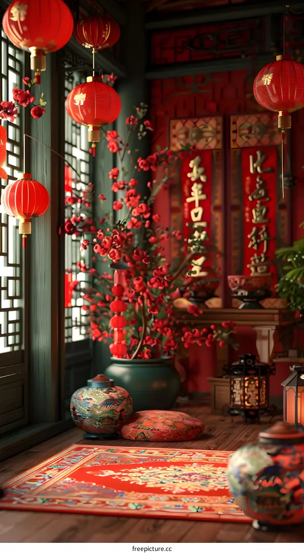 A festive Chinese New Year decoration with red lanterns and peach blossoms