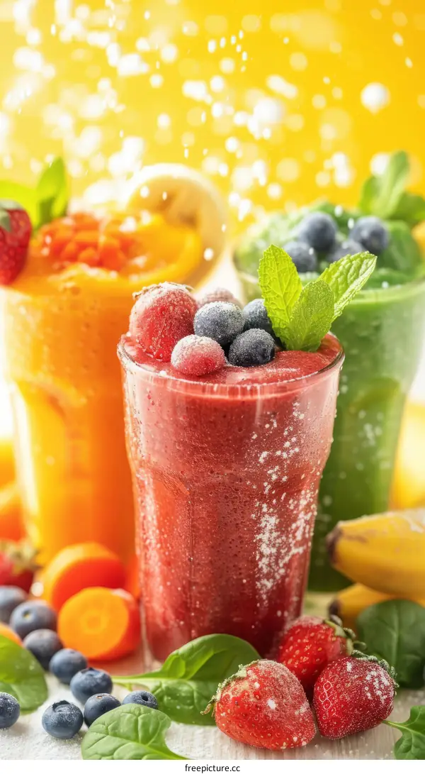 Three glasses of fresh fruit smoothies with ingredients