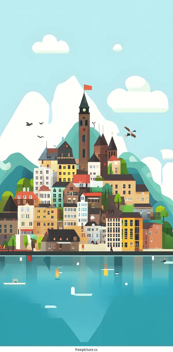 Colorful Illustration of a European Cityscape with a Clock Tower