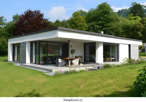 Modern White House with Patio and Green Lawn