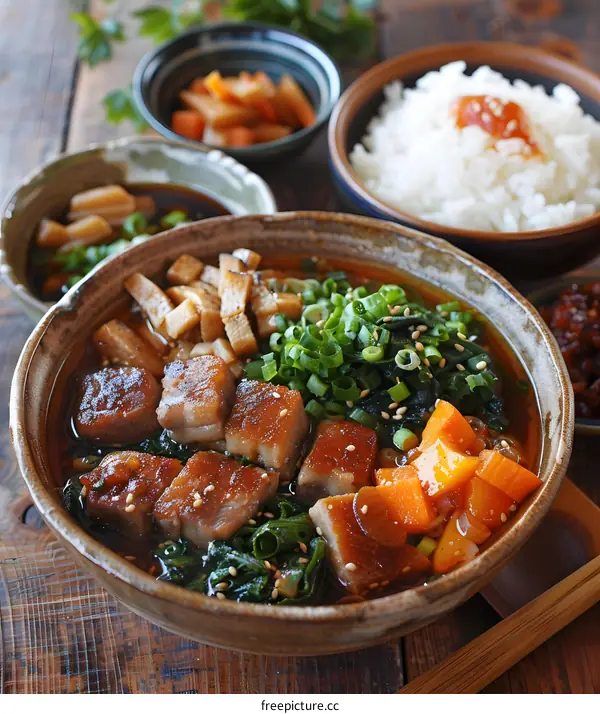 Japanese home-style braised pork with spinach and carrots