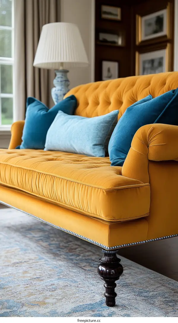 Mustard Yellow Velvet Sofa with Teal Pillows