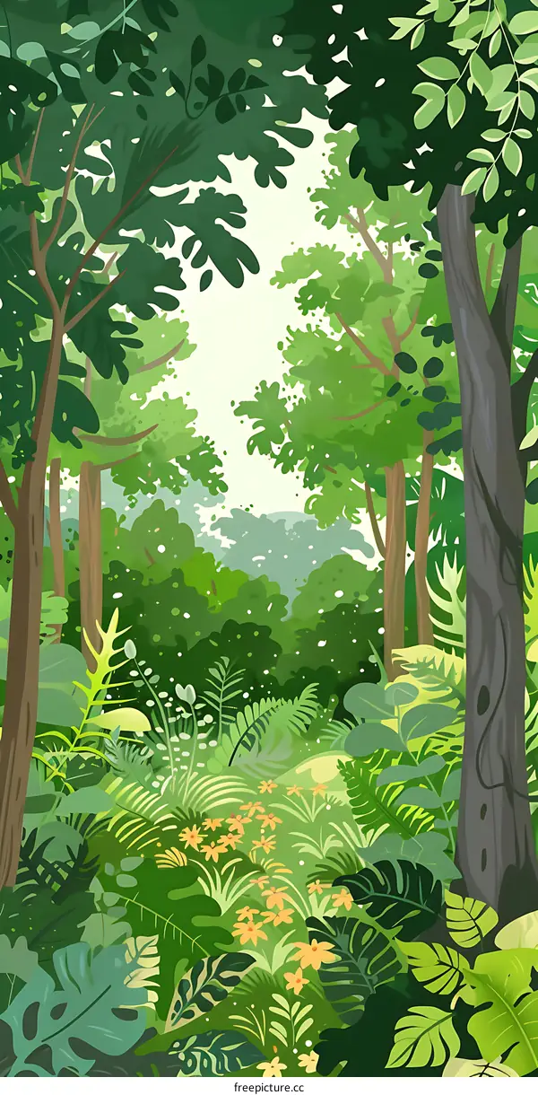 Green Forest Illustration with Trees and Flowers