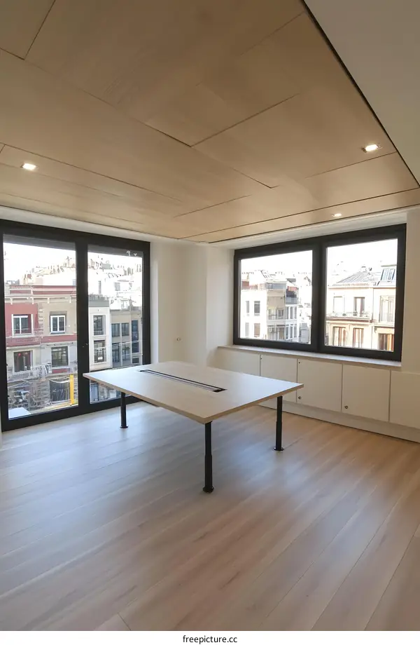 Modern Office Interior Design with Wooden Ceiling and Large Windows