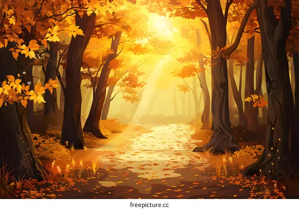 Autumn Forest Path Illustration With Sunbeams