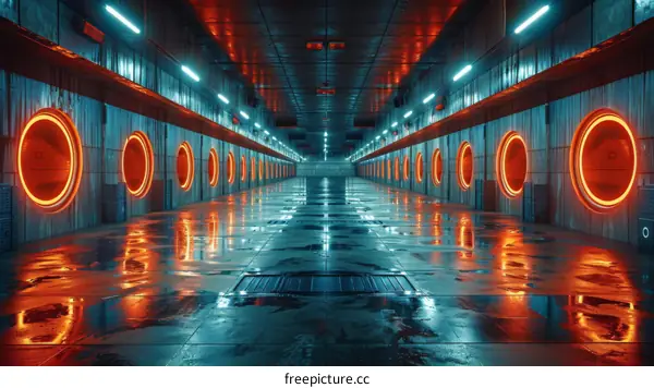 Futuristic Sci-Fi Corridor With Glowing Orange Circular Lights