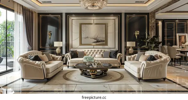 Luxury Living Room with Sofa, Coffee Table, Carpet, Chandelier, and Paintings