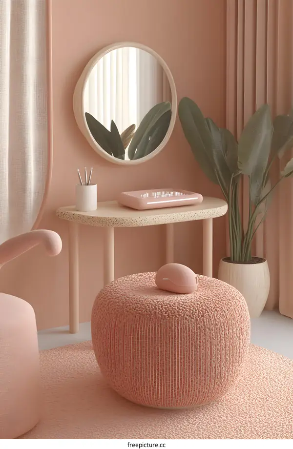 Pink Minimalist Vanity Table with Round Mirror and Stool