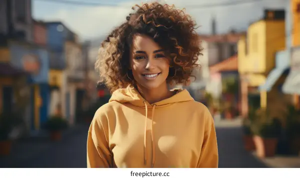 Portrait of a smiling young woman with curly hair wearing a yellow hoodie